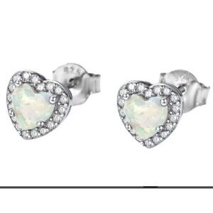 White Opal Heart Stud Earrings 925 Silver Lab Created Opal & White Sapphire 1/4"